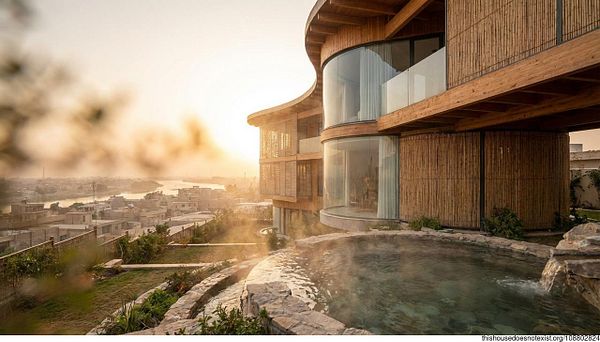 3D rendered image of a modern, two-story house with large glass walls and a surrounding outdoor area under a partly cloudy sky.