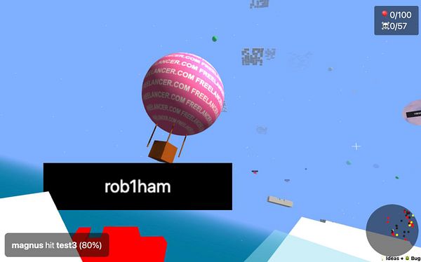 A colorful hot air balloon floats in a digital sky, accompanied by a player's name and game interface elements.