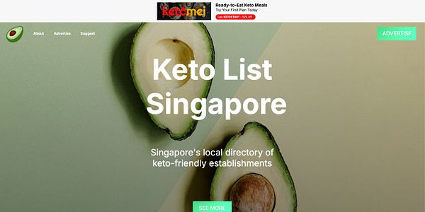 The image displays a webpage for 'Keto List Singapore' featuring an avocado and promotional content.