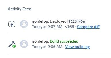 The image displays an activity feed from a development platform showing deployment and build success notifications.