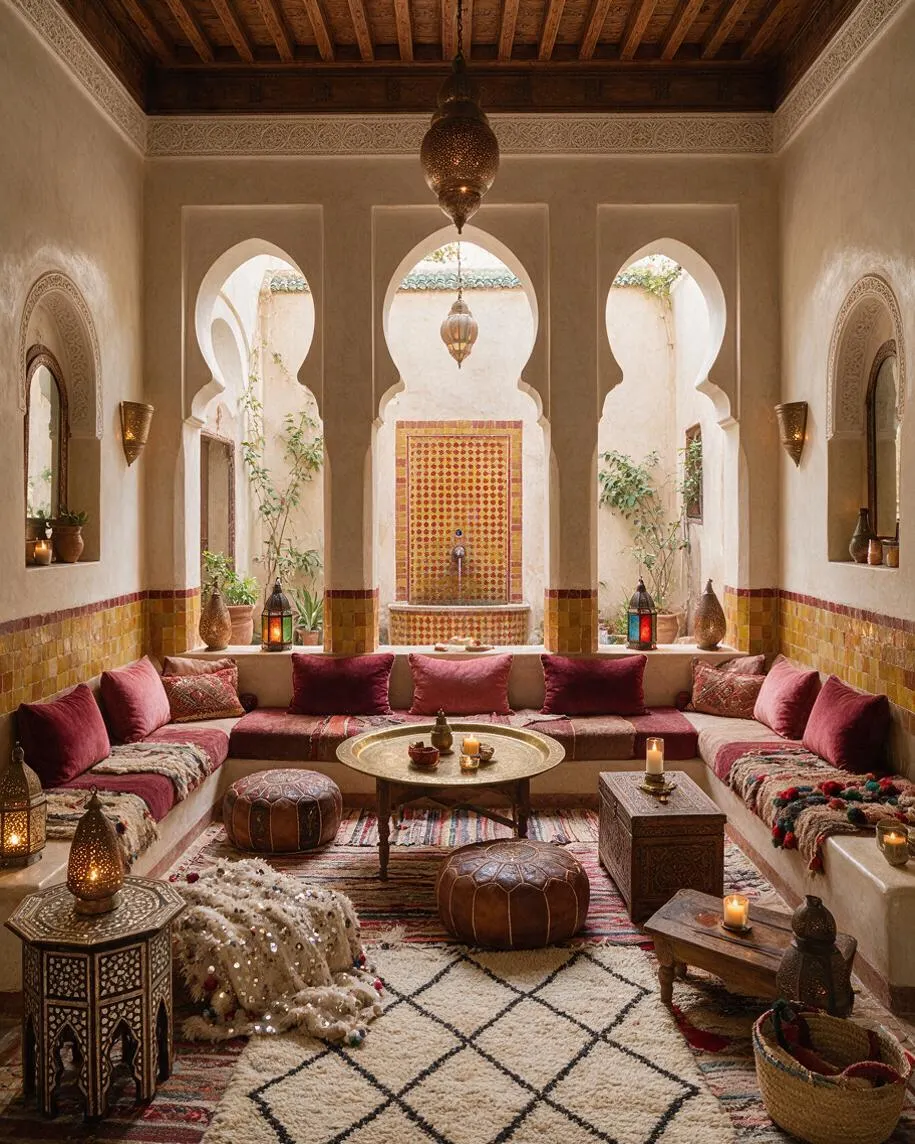 A Moroccan-style front porch with cream stucco walls, carved horseshoe arches, and a dark wood ceiling with decorative detailing. Built-in seating lines the sides with burgundy and pink cushions, layered patterned rugs, leather poufs, lanterns, and a small round table, creating a warm, intimate courtyard-like atmosphere.