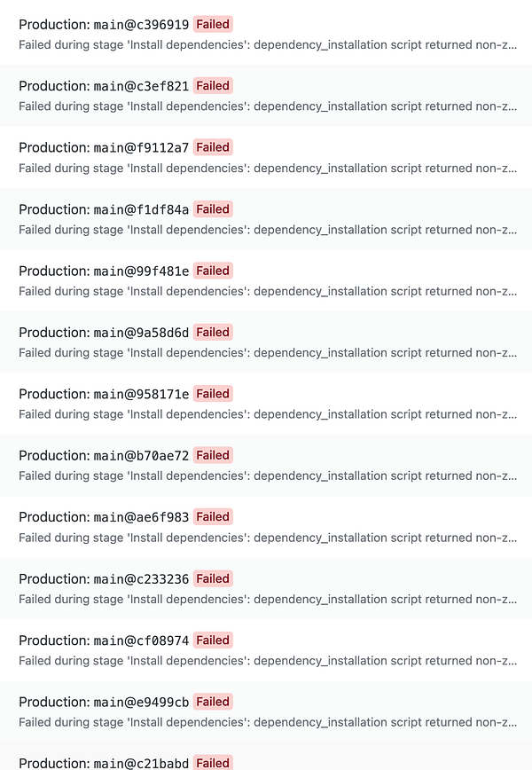 A list of failed deployment logs from a Netlify project.