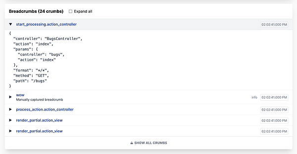 The image displays a debugging interface showing breadcrumbs related to a web application.