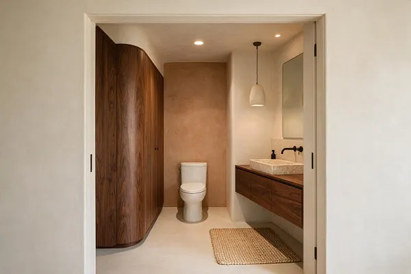 A small powder room with a white toilet centered against a textured tan accent wall, a floating walnut vanity with a stone vessel sink on the right, and a tall curved walnut cabinet on the left. The space is finished in warm neutrals with recessed ceiling lights, a simple pendant lamp, a frameless mirror, and a woven natural fiber rug.