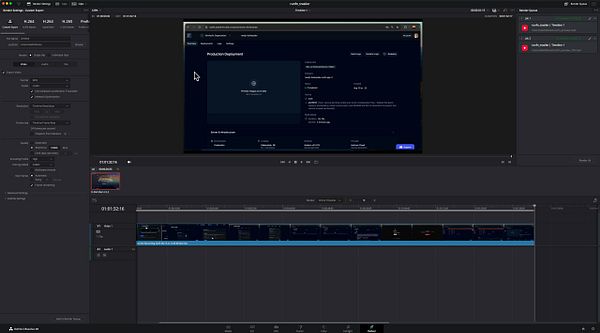 The image displays a video editing interface with a focus on a production deployment screen.