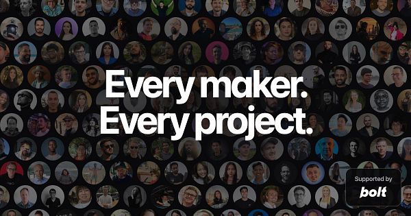 Collage of black-bordered circular photos with diverse people and large white text stating 'Every maker. Every project.'