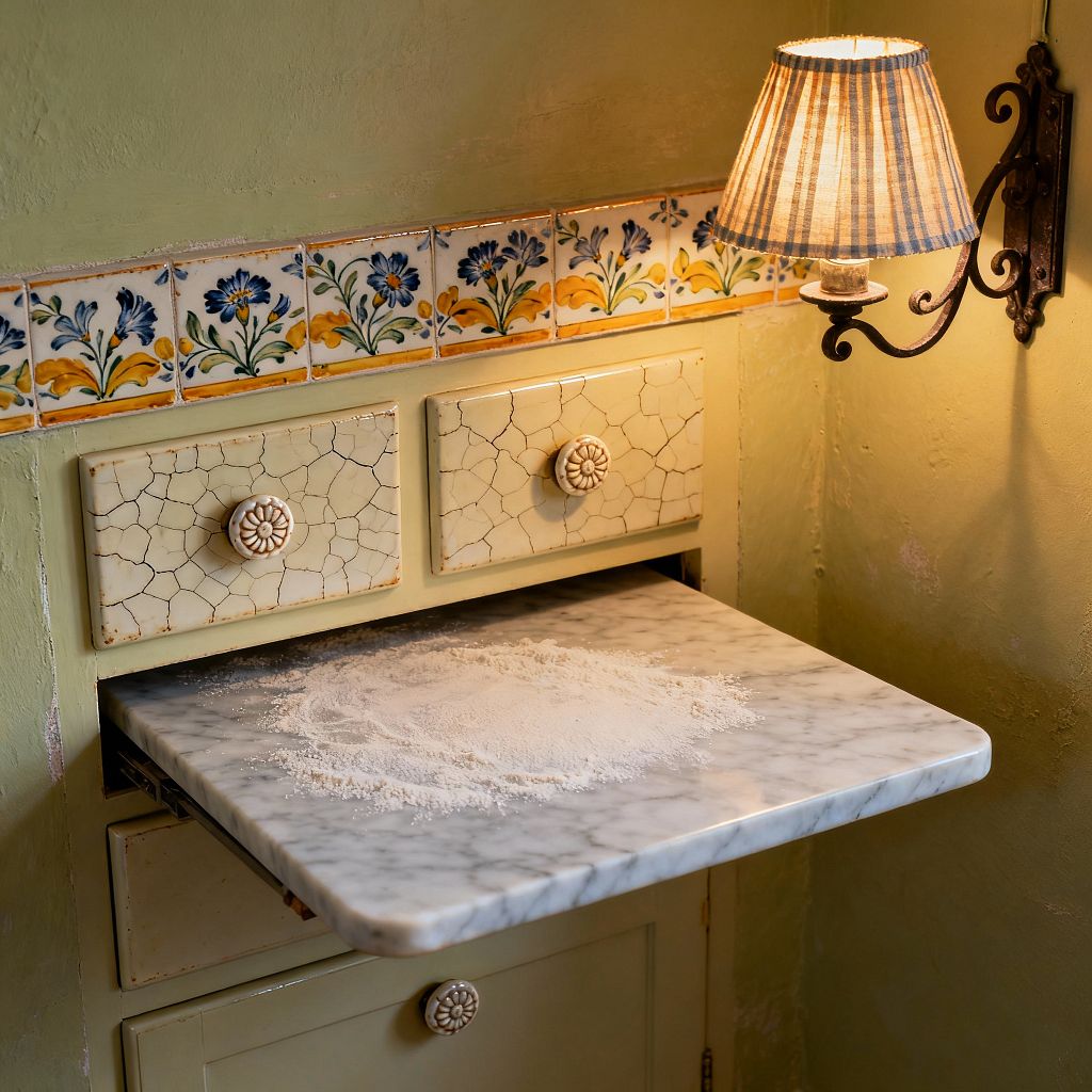 In a French Country kitchen corner, a pull-out gray-veined white marble pastry slab slides from pale sage cabinetry dusted with flour. Above, drawers with a cream crackle finish and rosette knobs sit beneath a border of hand-painted tiles in blue florals and mustard scrolls. A wrought-iron wall sconce with a pleated striped shade casts warm light across textured plaster walls.