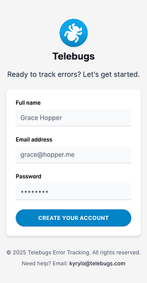 The image displays a user registration form for the Telebugs error tracking service.