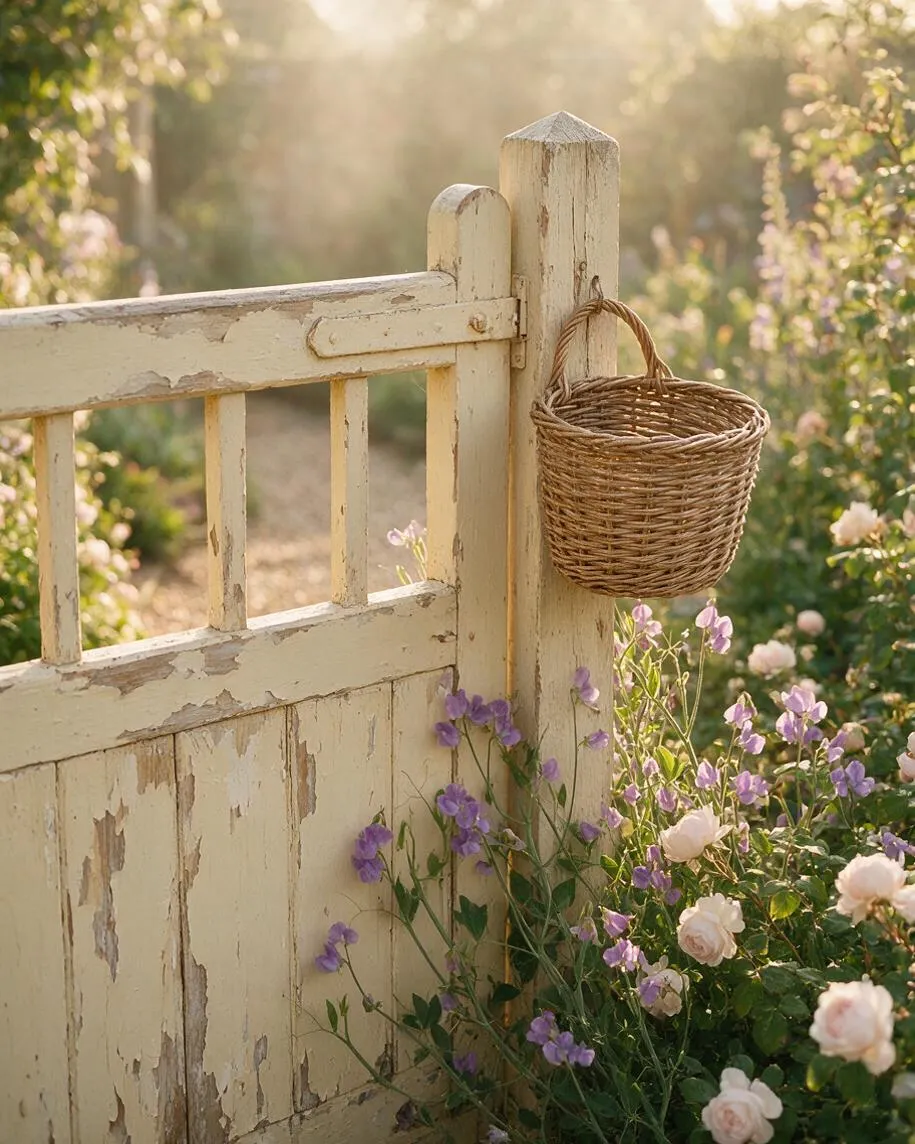 A cream-painted wooden garden gate with peeling paint stands amid blooming cottage flowers. A woven wicker basket hangs from the post, and soft sunlight filters through the garden, creating a warm, romantic scene.