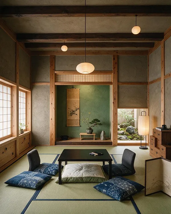 A Japanese Zen style basement room with tatami mat flooring, a low black table, and floor cushions arranged for seating. Wood beams, shoji-style windows, paper lanterns, and a recessed alcove with a hanging scroll and bonsai create a calm, traditional atmosphere, while a small garden view adds natural light.