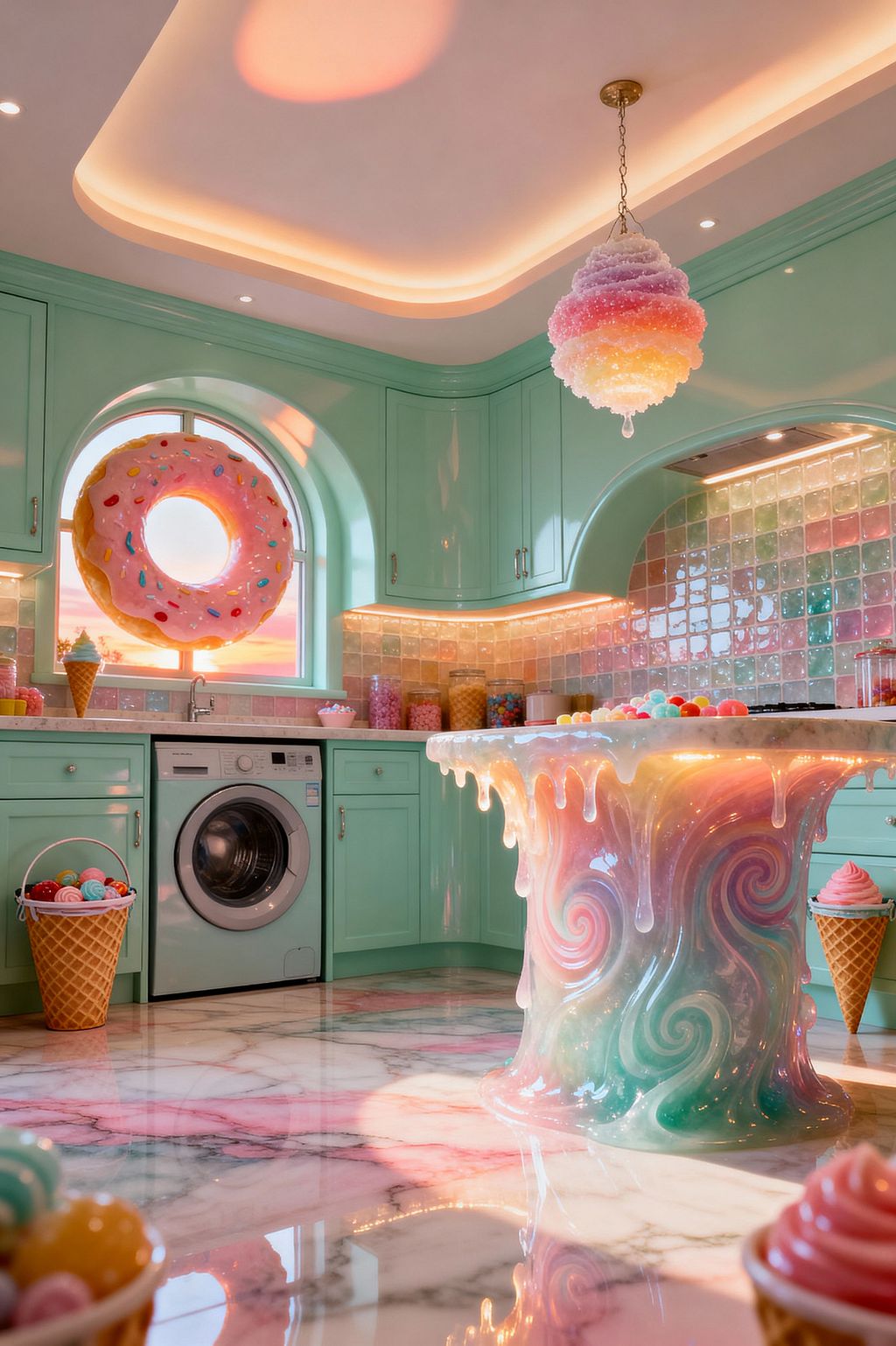A whimsical laundry room features mint green cabinets surrounding a front-load washer beneath an arched window set with a large pink frosted donut sculpture. A central island with a glossy pastel resin-swirled base and white drip-edge top sits on reflective pink-veined marble, while iridescent square glass tiles, warm under-cabinet LEDs, an ombre soft-serve cone pendant, jars of candy, and ice-cream cone accents glow beneath a curved, cove-lit ceiling.