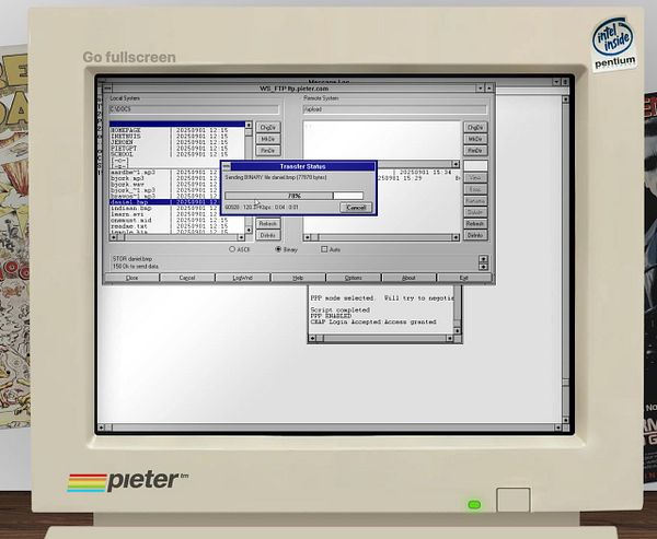 A vintage computer screen displaying a file transfer in progress using WS_FTP on Windows 3.11.