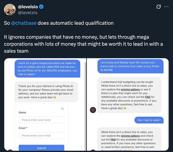The image features a Twitter post discussing automatic lead qualification with Chatbase, accompanied by a chat interface showing a conversation about using Photo AI.