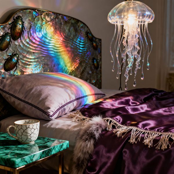 A surreal bedroom vignette features an iridescent shell headboard decorated with large beetle motifs, casting rainbow reflections across the bed. A translucent, jellyfish-shaped glass pendant with dripping tendrils glows above. The bed shows pale bedding, a lavender pillow with dark piping, and a deep purple satin throw with fringe beside a gray faux-fur accent. An emerald green malachite side table holds a white mug with a crackle glaze against warm white walls.