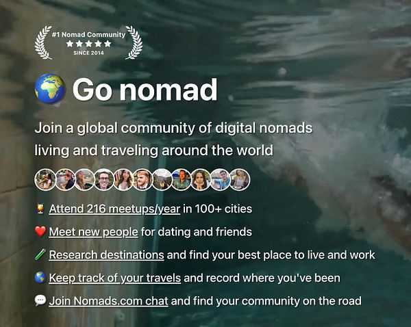 Three illustrated cartoon characters representing a remote worker, digital nomad, and solo traveler under three different colored CTA bubble captions.