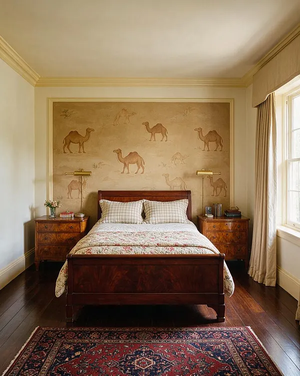 A traditional master bedroom with a dark wood bed centered against a camel-patterned accent wall, flanked by matching wooden nightstands and brass reading lamps. Cream walls, tall curtains, polished wood floors, and a red patterned rug create a warm, elegant atmosphere.