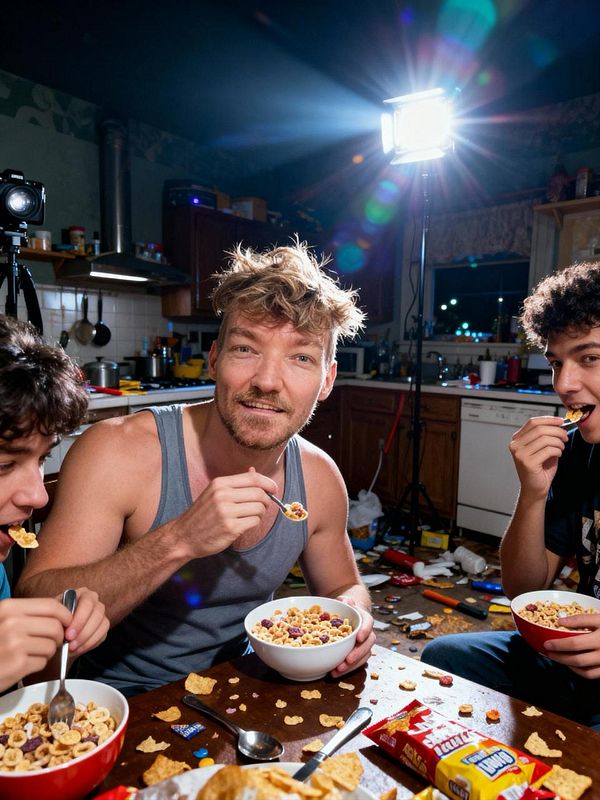 Three young men are enjoying bowls of cereal in a cluttered kitchen, illuminated by a bright light source.