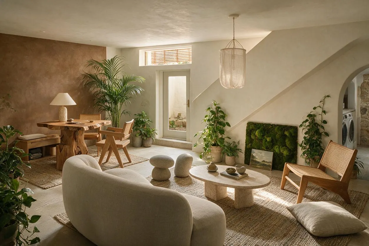A softly lit game room with cream walls, a textured brown accent wall, and abundant potted plants arranged around natural wood furniture. The space includes a live-edge style table, woven chairs, a curved upholstered sofa, a low stone coffee table, and a green moss wall panel near an arched opening.