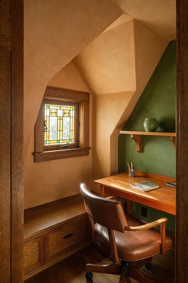 A compact Craftsman-style home office with warm plaster walls, a built-in wood desk, and a small stained-glass window framed in dark wood. A brown leather swivel chair sits at the desk beside a green accent wall, open wood shelf, and wood cabinet storage below the window.