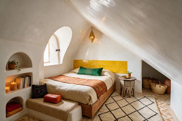 A cozy Moroccan-style guest bedroom with white plaster walls and a sloped ceiling, a low wooden bed dressed in cream bedding and a rust-toned throw, and a mustard yellow tiled headboard accent. Built-in arched niches hold books, candles, plants, and folded textiles, while a small carved side table, woven baskets, and a patterned rug add warmth and texture.