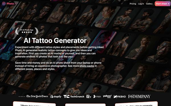 The image promotes an AI Tattoo Generator app with a visually appealing layout showcasing various tattoo styles and models.