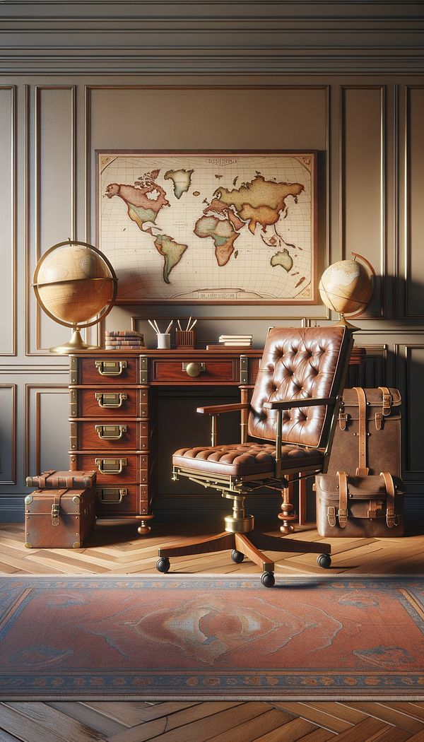 A vintage-inspired study room featuring a mahogany campaign desk with brass corners, a collapsible leather-seated chair, and decorative globes and maps, encapsulating the essence of adventure.