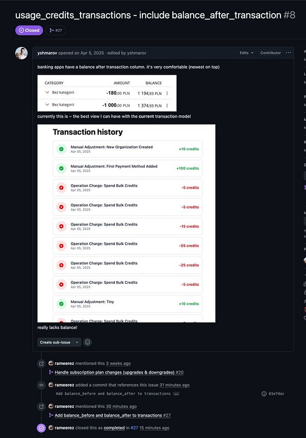 A screenshot of a code editor displaying a database migration script for adding balance_before and balance_after fields to the usage_credits table.