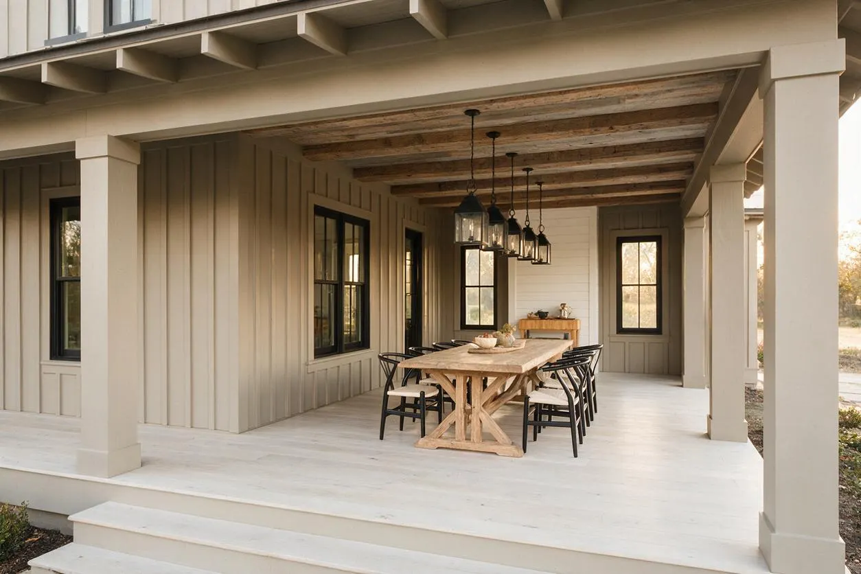 A spacious farmhouse front porch with a white painted floor, beige vertical board-and-batten siding, and exposed wood ceiling beams. A long rustic wood dining table sits in the center with black chairs, while black-framed windows and hanging lantern lights add contrast.