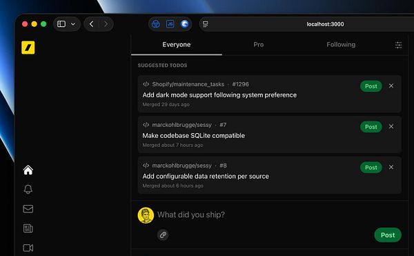 User interface prototype displaying a 'Suggested Todos' section with recent GitHub activities and options to pin or add tasks.