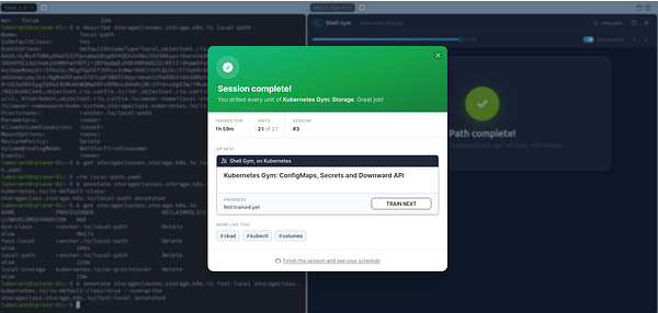 Completion screen for a Kubernetes Gym training session on Storage after 2 hours.