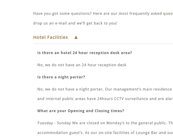 The image displays a section of frequently asked questions (FAQs) related to hotel facilities.