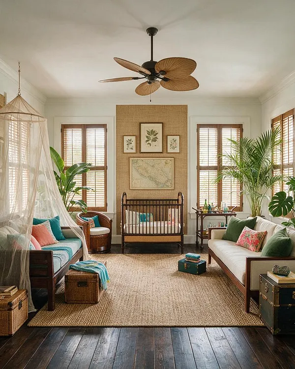 A tropical-style nursery with a dark wood crib centered on a woven rug, flanked by two sofas with colorful pillows and sheer canopy drapery. Large potted palms, wooden shutters, and botanical wall art create a warm, layered room with natural textures and soft daylight.