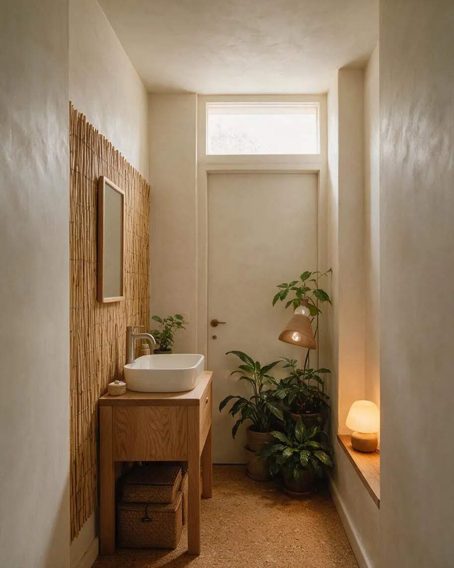 A narrow powder room with cream plaster walls, a wood vanity topped by a white vessel sink, and a vertical bamboo accent panel behind the mirror. Several potted green plants cluster near the back door, while a soft glowing table lamp and a small transom window add warm, natural light.