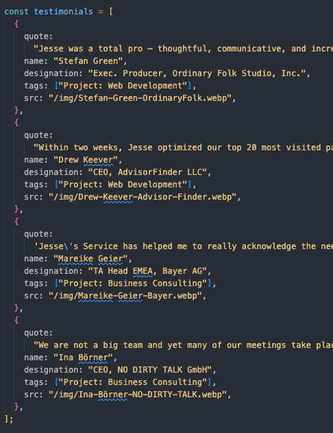 A code snippet displaying an array of testimonials with quotes, names, designations, and associated project tags.