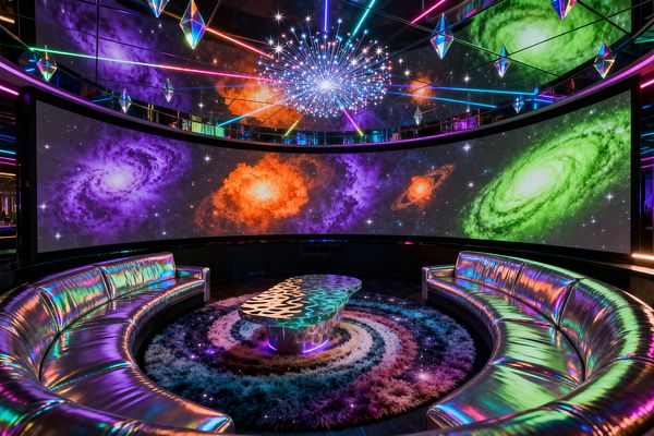 A curved media room centers on a massive panoramic screen displaying neon galaxies. Two crescent sofas in holographic metallic vinyl face a biomorphic resin coffee table with underlighting on a spiral, multicolor shag rug, while a mirrored ceiling reflects prismatic LED lines, a starburst chandelier, and faceted prism pendants, all set against dark walls to create an immersive, psychedelic lounge for viewing and socializing.