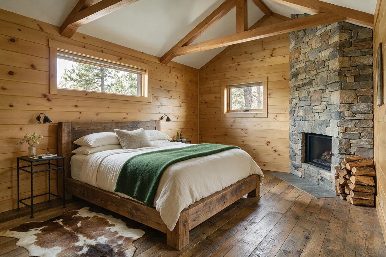 A rustic master bedroom with knotty wood plank walls, exposed timber ceiling beams, and a stone fireplace on the right side. The room features a wooden bed with white bedding, a green throw blanket, small black wall lamps, narrow windows, a cowhide rug, and a stack of firewood beside the hearth.