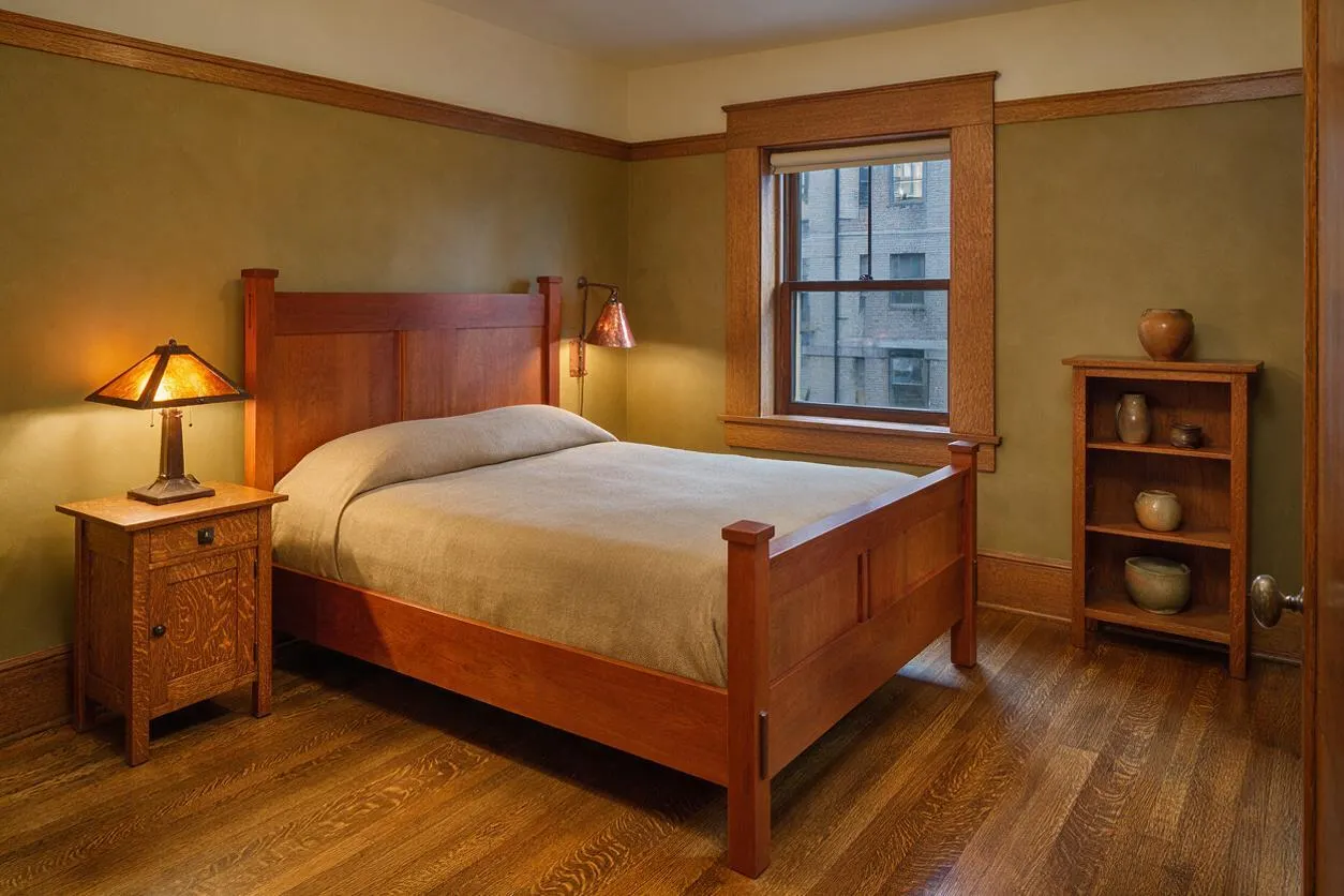 A Craftsman-style guest bedroom with a wooden bed centered against sage green walls, flanked by a carved nightstand with a warm glowing lamp on the left and a wall-mounted reading light on the right. A small wood shelf with ceramic vessels sits near the window, and rich wood trim, oak flooring, and earthy tones create a cozy, traditional atmosphere.