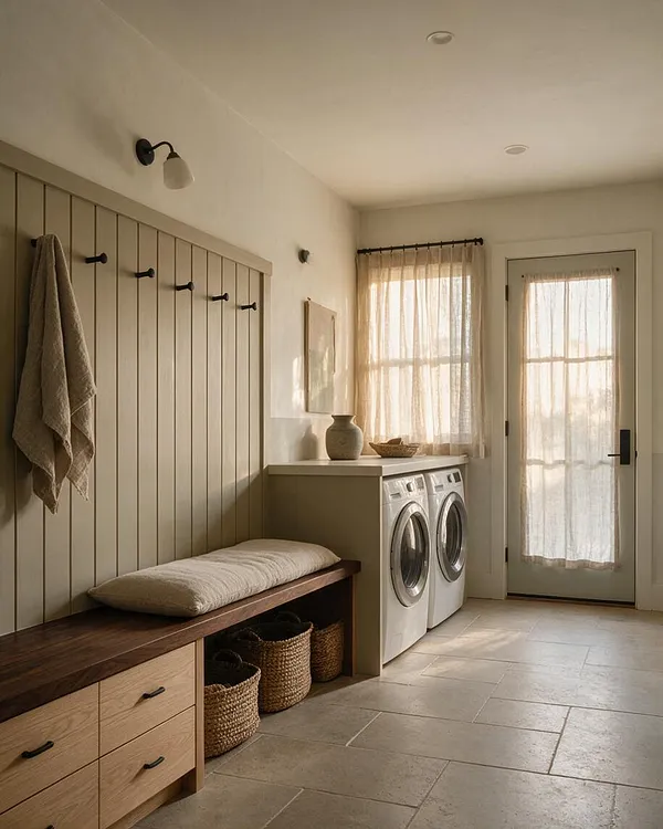 A serene laundry room in Japandi style with a vertical slat accent wall, a dark wood bench with drawers and woven baskets underneath, and two front-loading machines beside a window and glass door with sheer curtains. Soft beige walls, pale tile flooring, and simple black accents create a calm, natural atmosphere.