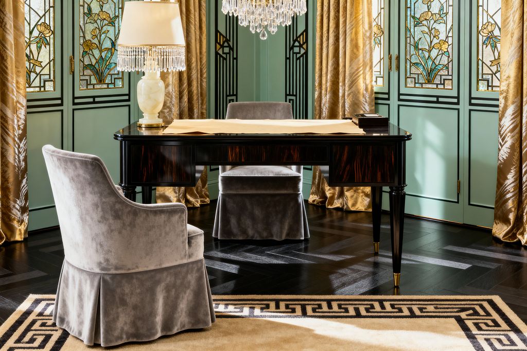 A Vintage Glam home office centers on a glossy dark wood desk with brass-capped legs and an alabaster lamp trimmed with crystal fringe, paired with two gray velvet skirted chairs. Mint green paneled doors with floral stained-glass inserts and champagne-gold drapery surround the space, while a tiered crystal chandelier hangs above a dark herringbone wood floor and a cream rug with a black Greek key border, creating a luminous, richly detailed workspace.
