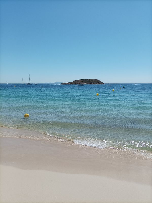 A serene beach scene featuring clear blue waters and a distant island.