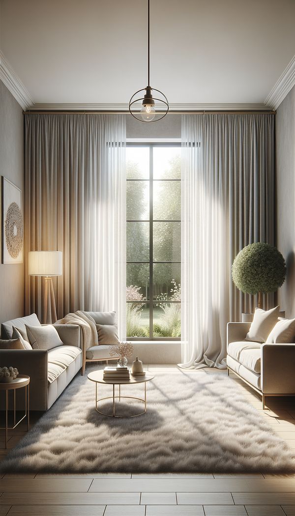 A cozy living room featuring a large window dressed with white rod pocket curtains, softly diffusing the sunlight, while a textured curtain rod peeks through the top. The room includes a plush sofa, a coffee table, and decorative elements that complement the curtains.