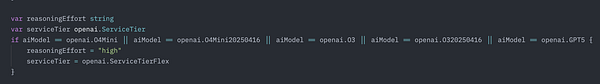 The image displays a code snippet related to setting service tiers for OpenAI models.