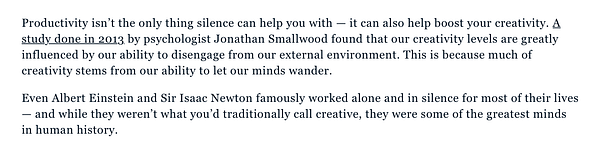 The image features a text block discussing the benefits of silence for productivity and creativity, along with a reference to a study by Jonathan Smallwood.