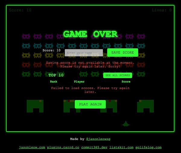 The image displays a 'Game Over' screen for a retro-style arcade game called Space Defenders.