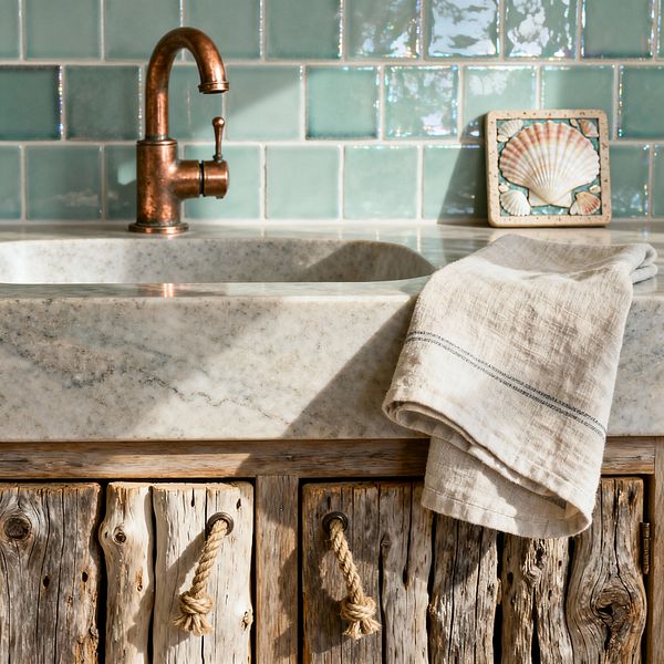A close-up of a coastal kitchen sink shows a thick, honed marble apron front with an aged copper gooseneck faucet. The backsplash is made of hand-glazed, sea-glass green subway tiles that catch sunlight. Below, weathered driftwood cabinet doors feature knotted rope pulls. A beige linen towel rests on the rim, and a small tile with a seashell motif leans on the counter, completing the beach-inspired vignette.