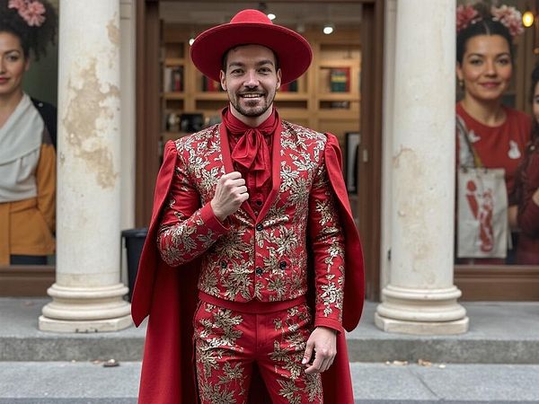 A man in a striking red outfit poses confidently in front of a storefront.