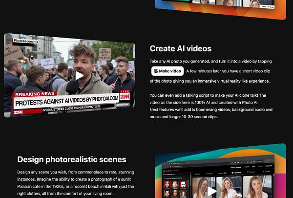 The image features a news broadcast about protests against AI videos, alongside promotional content for a photo-to-video AI service.