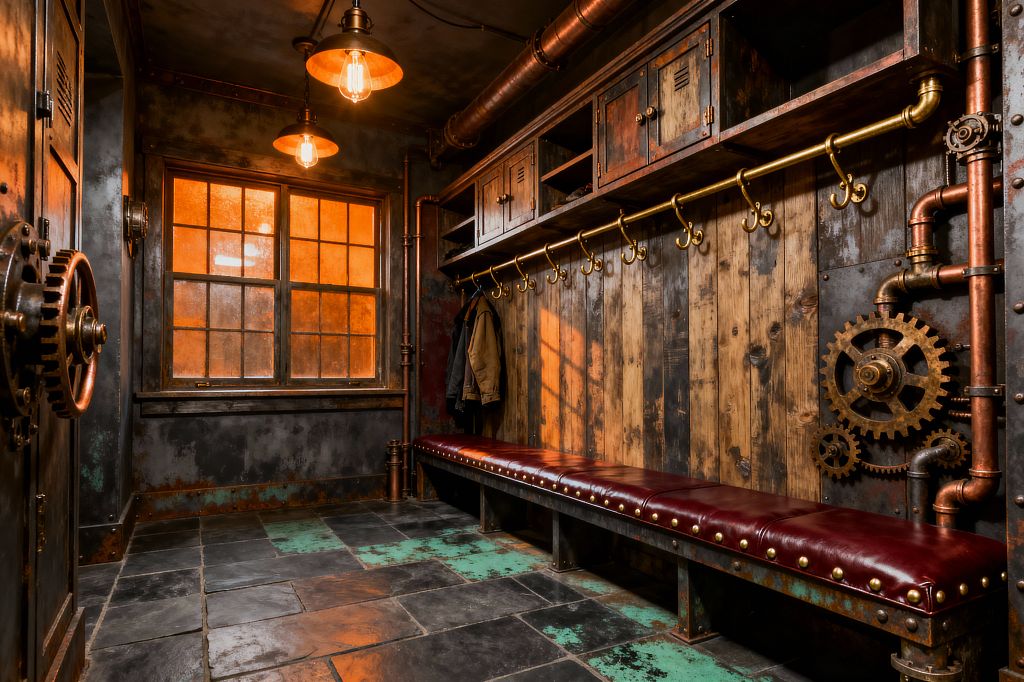 An industrial-style mudroom features a reclaimed wood wall, overhead distressed metal lockers, and exposed copper pipes. A long riveted bench with an oxblood leather cushion and brass nailheads sits below a brass pipe rail with double hooks; large decorative metal gears and elbowed piping detail the right side. Slate floor tiles with worn verdigris patches ground the space, while Edison pendant bulbs and an amber-tinted window bathe the room in warm orange light.