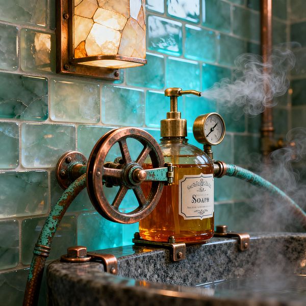 Close-up of a steampunk bathroom vanity: glossy teal glazed subway tiles back a warm alabaster wall sconce. In front, a brass-and-glass soap dispenser filled with amber liquid is clamped to a gray granite basin, with a small pressure gauge attached; a handwheel valve and verdigris copper hose extend from the wall as steam rises, emphasizing aged metal, industrial fittings, and textured stone.