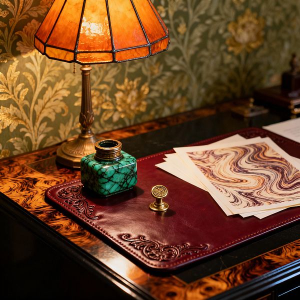 A close-up of a Victorian-inspired home office desk shows a burled walnut surface with a burgundy, tooled leather writing pad. An amber stained-glass table lamp with a brass base casts warm light over a square malachite inkwell and a small brass wax seal. Several sheets of cream marbled paper sit on the mat. The backdrop features olive green wallpaper with gold botanical motifs, creating a richly layered, antique atmosphere focused on craftsmanship and ornament.